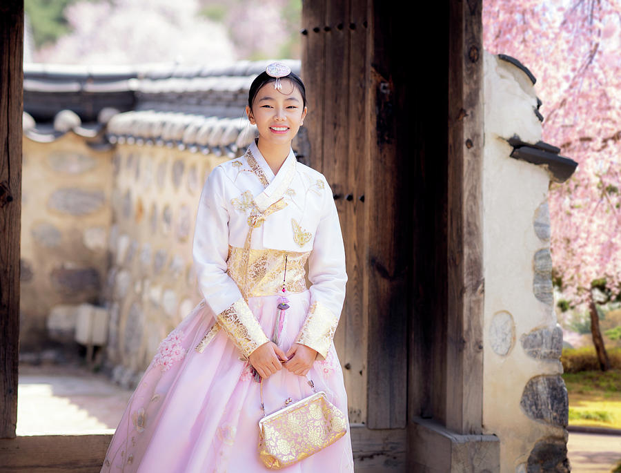 Asian Woman Traveler In Traditional Korean Dress Or Hanbok Dress