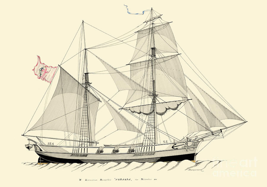 Brig-goleta Aspasia - 1822 Drawing by Panagiotis Mastrantonis