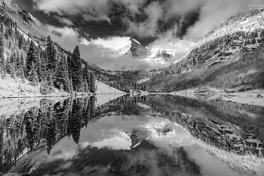 Black And White Photograph - Aspen Colorados Maroon Bells Mountain Peaks - Black and White by Gregory Ballos