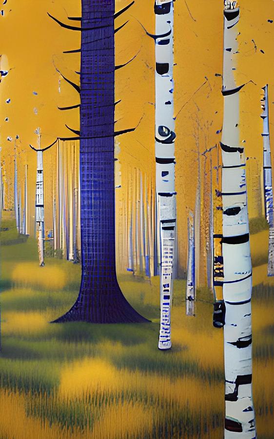 Aspen Grove I - navy and orange gold Painting by Bonnie Bruno