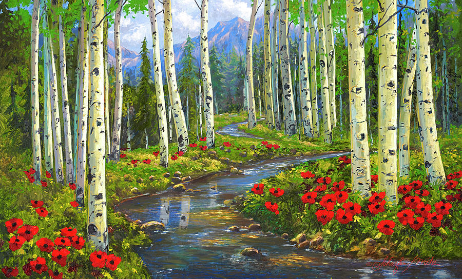 Aspen Poppies Stream Painting by Kevin Wendy Schaefer Miles