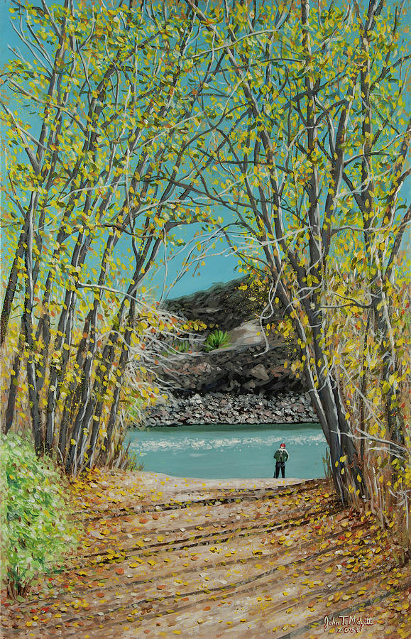 Aspen Trees and Fisherman Painting by Tommy Midyette