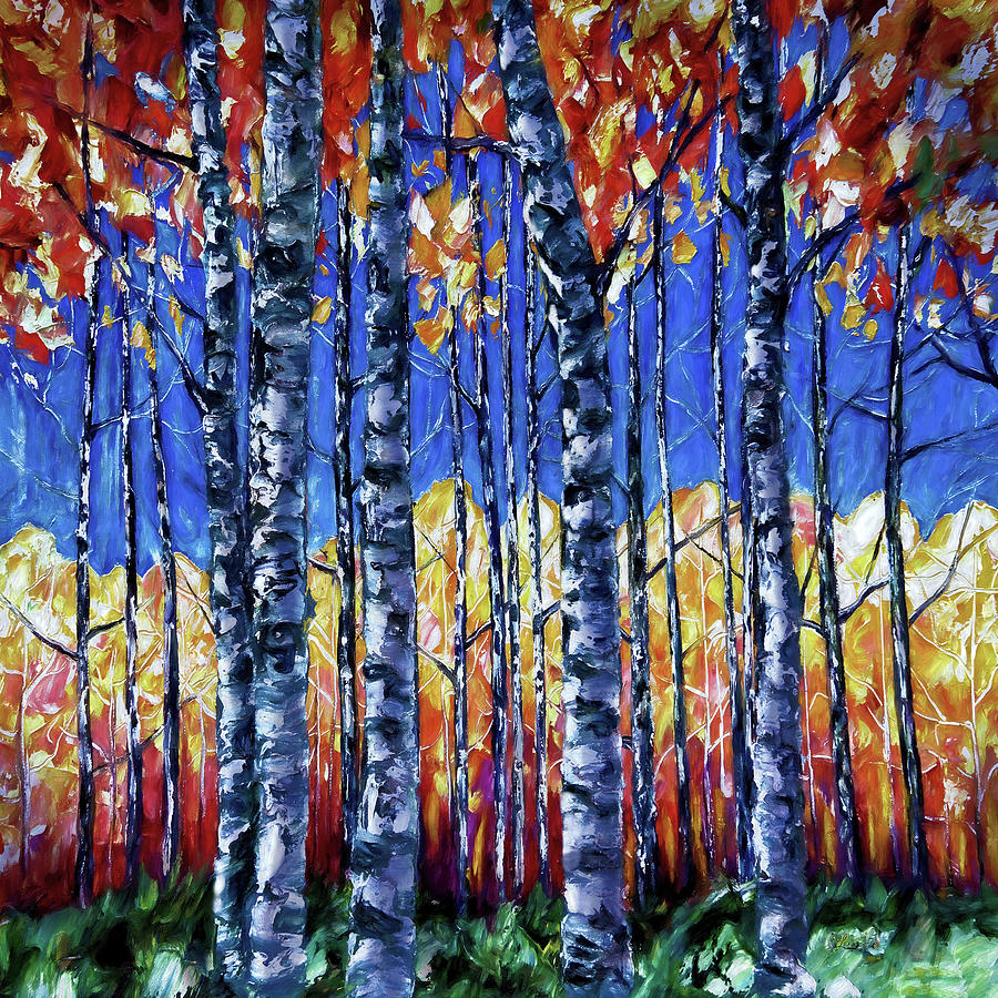 Nature Painting - Aspen Trees  Autumn Canopy Painting with Palette Knife Technique  by Lena Owens - OLena Art Vibrant Palette Knife and Graphic Design