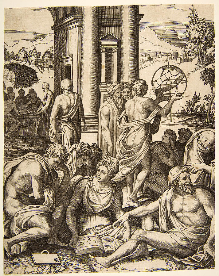 Assembly of male and female scholars gathered around an open book Drawing by Marco Dente