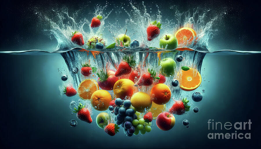 Assorted fresh fruits submerged in water with a splash Digital Art by Odon Czintos