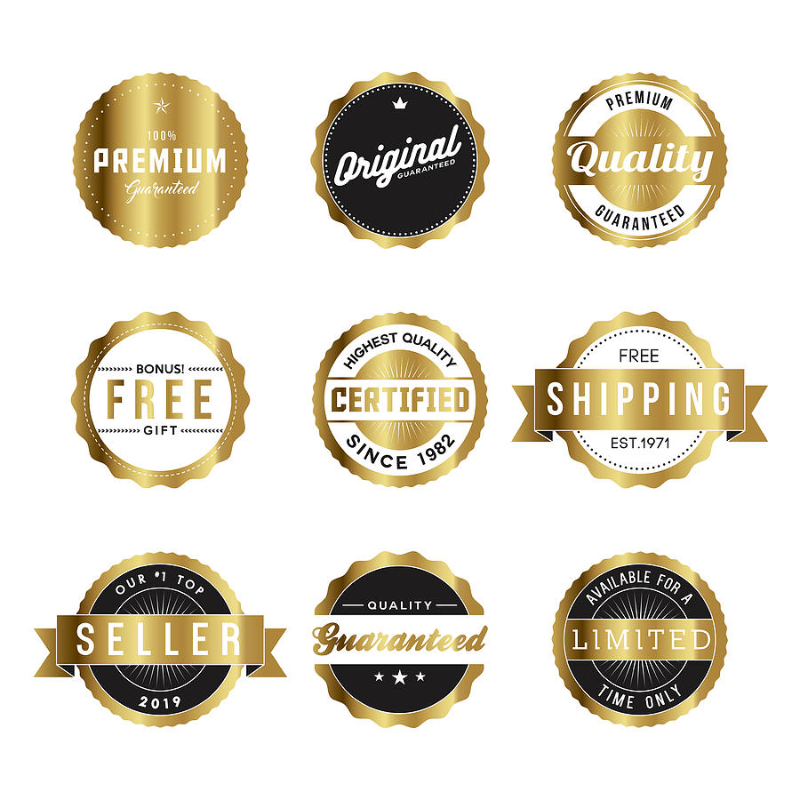 Assorted Golden Retro Product Marketing Labels Icon Set Drawing by Bortonia
