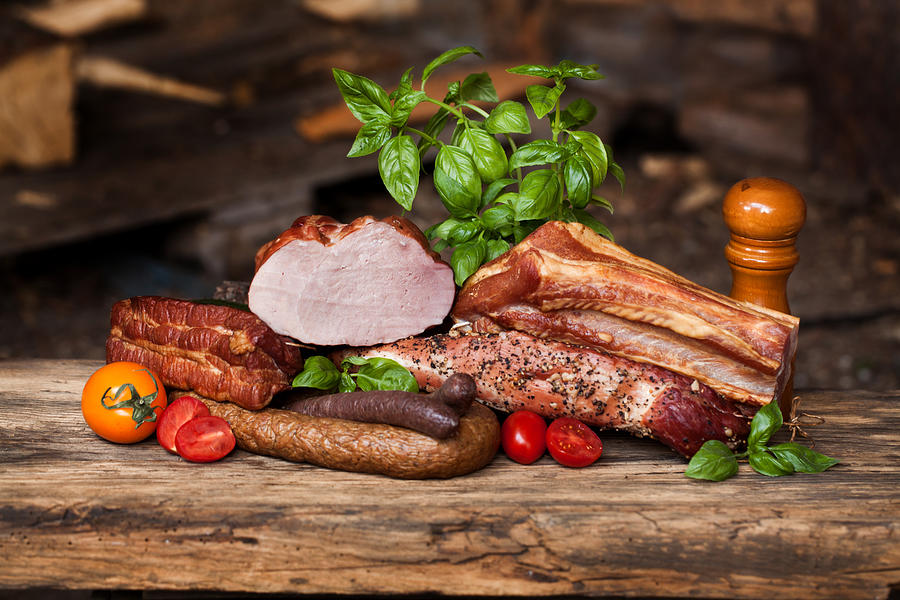 Assortment of cold meats, variety of processed cold meat products Photograph by BlueHorse_pl