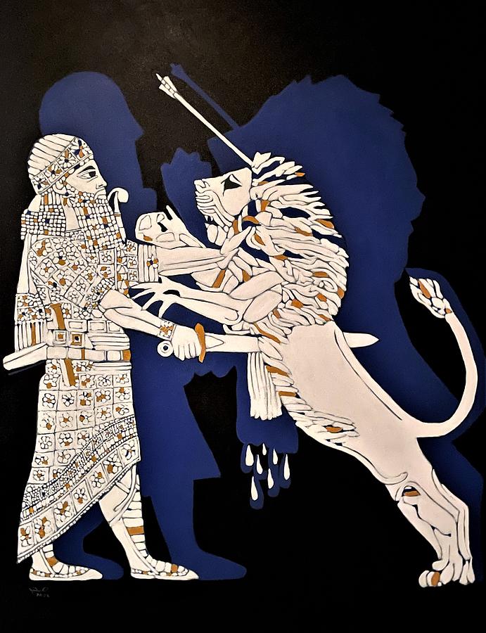 Assyrian king and the lion Painting by Paul Batou - Pixels