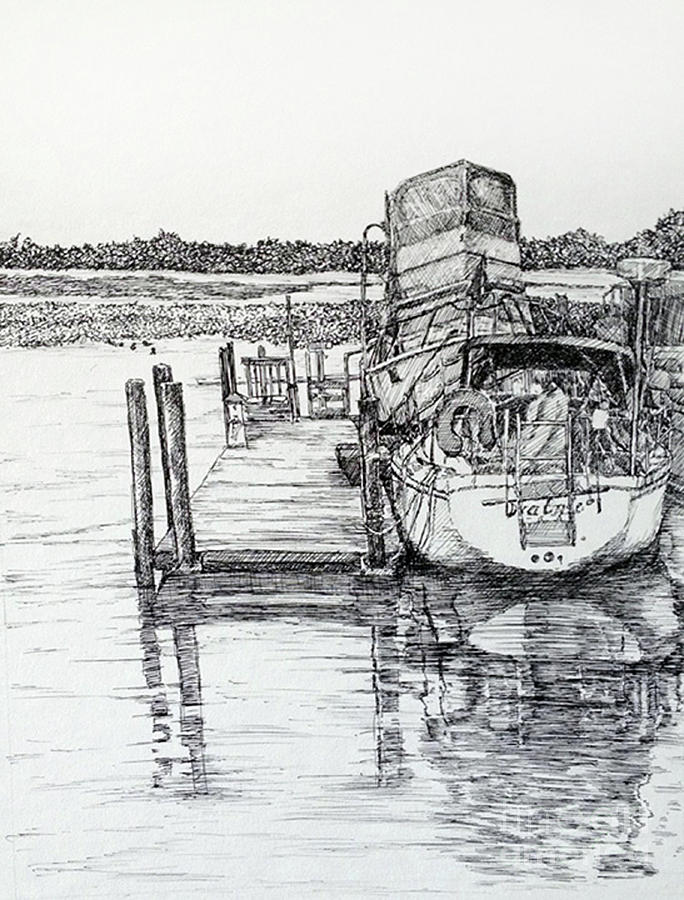 Boat Drawing - Astor Landing by Janet Felts