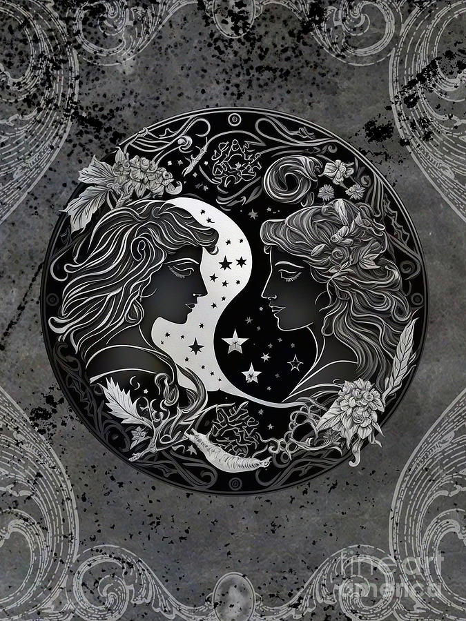 Astrology Gemini Zodiac Birth Sign Black and White Digital Art by Nikki Vig