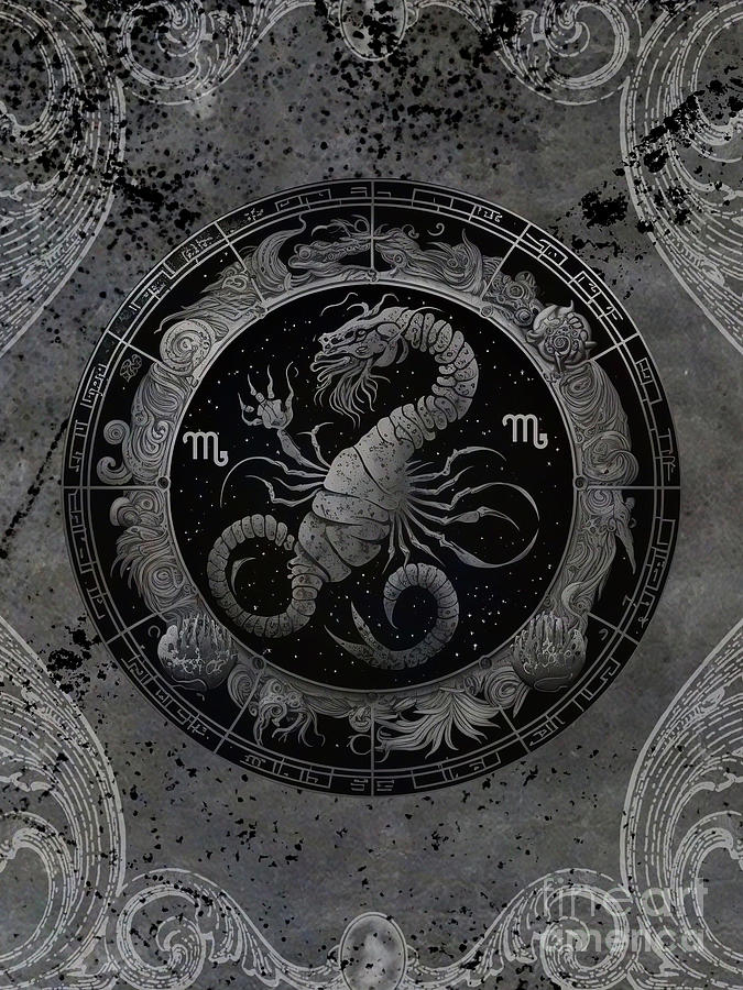 Astrology Scorpio Zodiac Birth Sign Black and White Digital Art by Nikki Vig