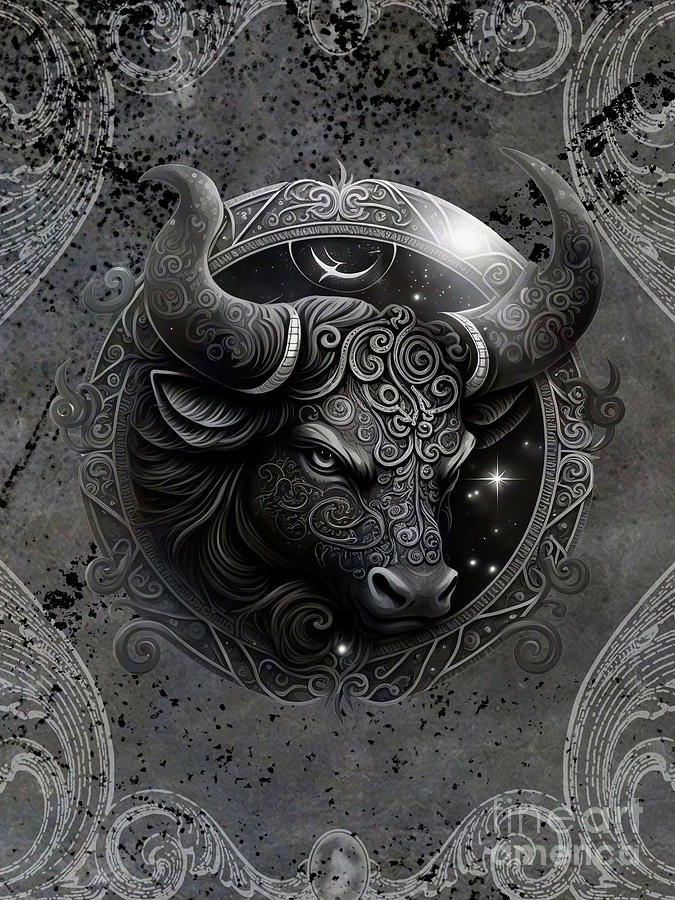 Astrology Taurus Zodiac Birth Sign Black and White Digital Art by Nikki Vig