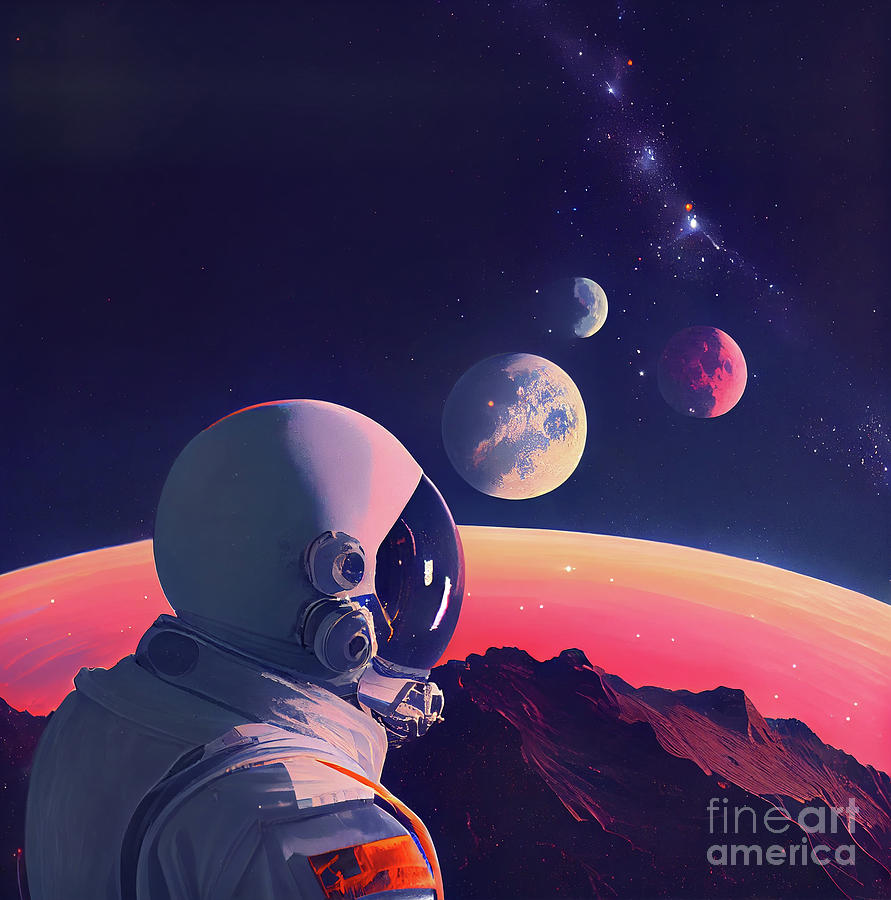 Space Painting - Astronaut and the Moon II by Mindy Sommers