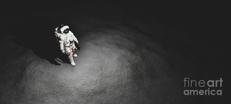 Astronaut Doing Space Walk On Moon. Photograph