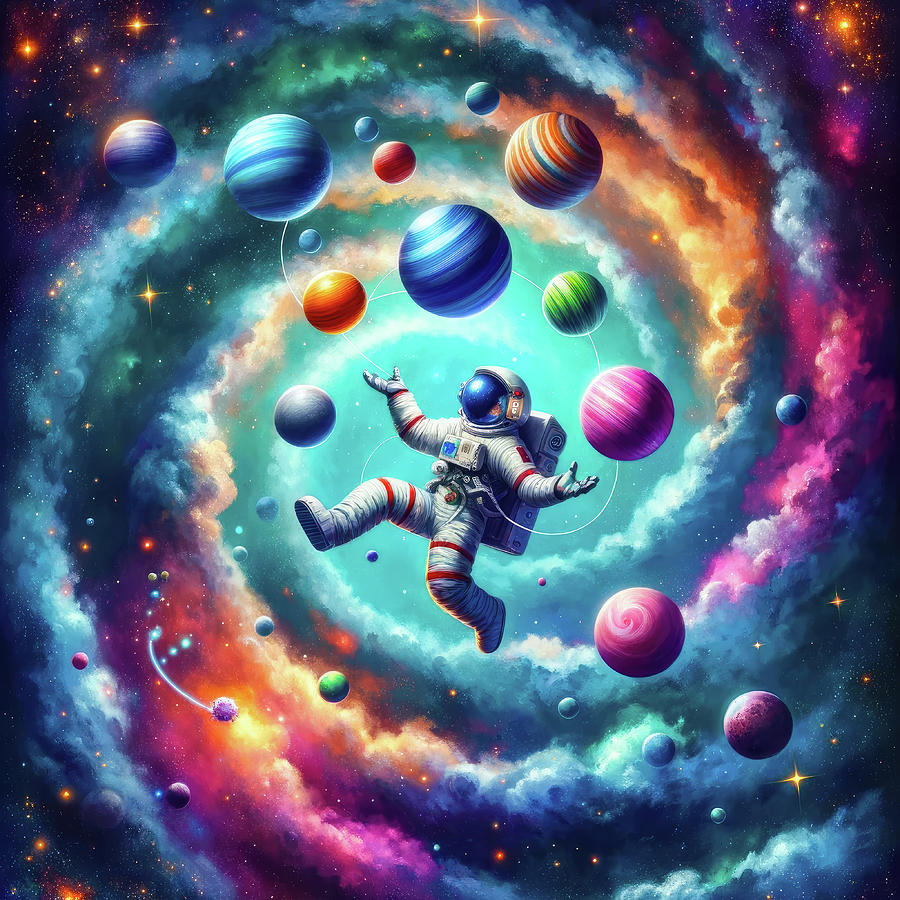 Astronaut juggling with planets in Space Digital Art by Matthias Hauser