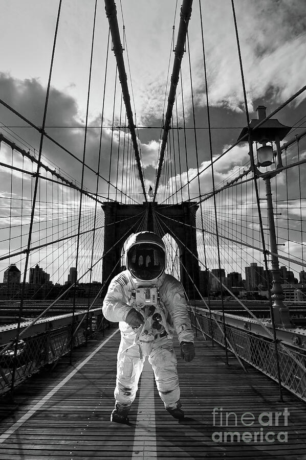 Astronaut on Brooklyn bridge Photograph by Delphimages Photo Creations