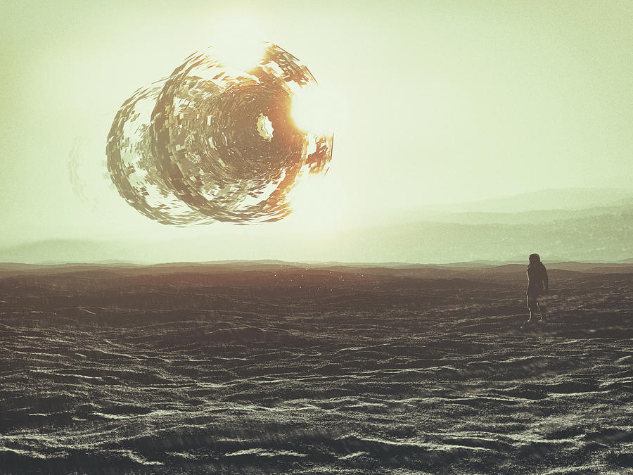 Astronaut on distant planet, UFO, concept Photograph by Matjaz Slanic