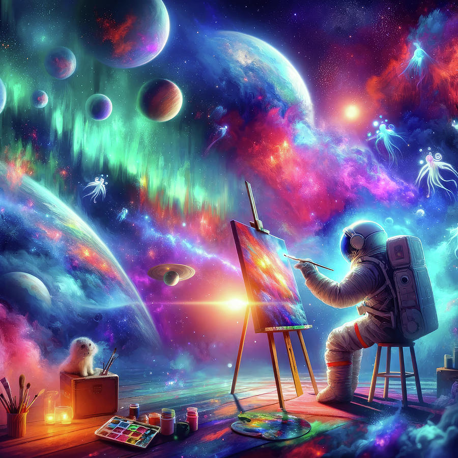 Astronaut painting a colorful cosmic landscape Digital Art by Matthias Hauser
