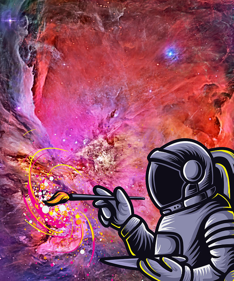 Astronaut Painting In Bob Ross Style The Orion Nebula Galaxy