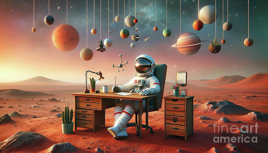 Astronaut sitting at the table with planet models on Mars at sunset. Digital Art by Odon Czintos