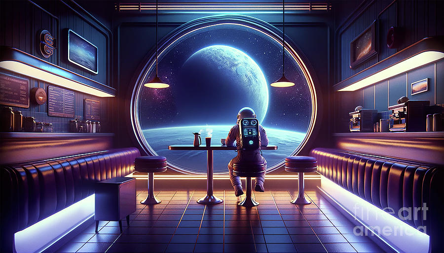 Astronaut sitting in a space cafe, looking at the Earth. Digital Art by Odon Czintos