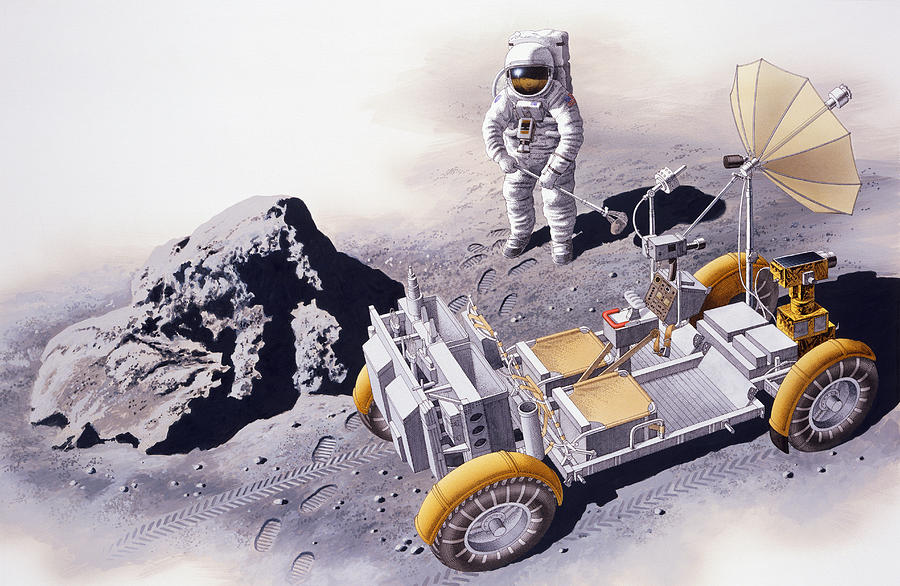Astronaut standing near Lunar Roving Vehicle (LRV) and boulder on surface of moon, elevated view Drawing by Dorling Kindersley