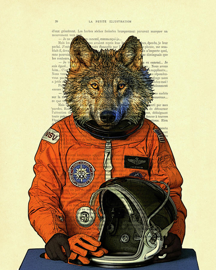 Astronaut wolf book page art Mixed Media by Madame Memento