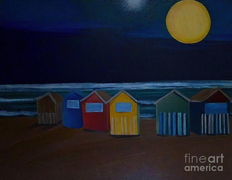 Landscape Painting - at night Painting sea sky landscape moon night abstract backgrou by N Akkash