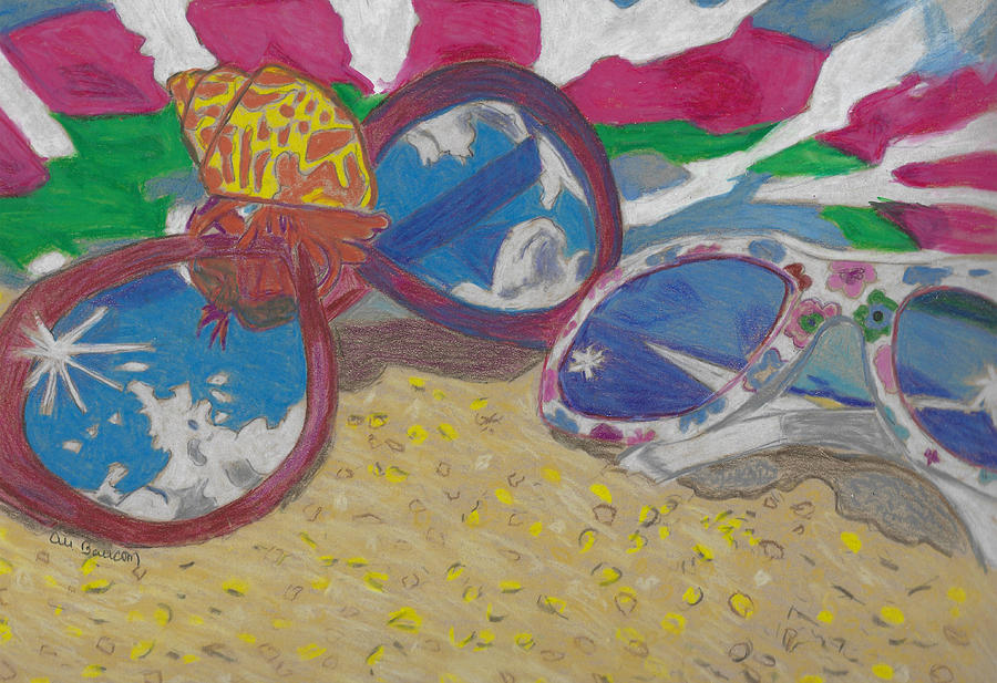 At the Beach Sunglasses Lying on the  Sand with a Hermit Crab and Beach Towel Drawing by Ali Baucom