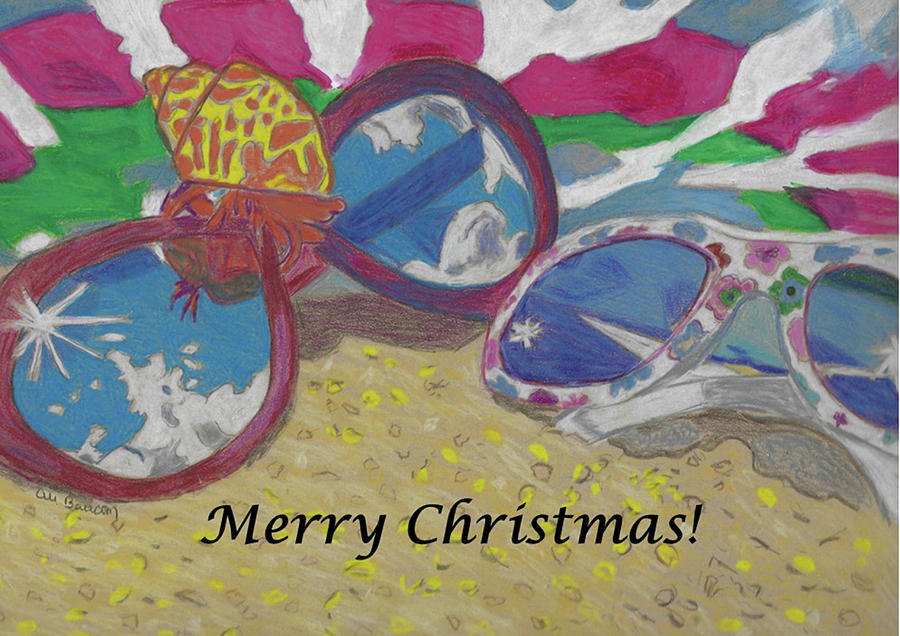 At the Beach Christmas Sunglasses Lying on the  Sand with a Hermit Crab and Beach Towel with Text Mixed Media by Ali Baucom