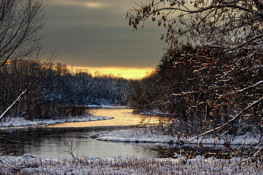 Cold Gold at the Yahara - golden sunrise above a snow-decorated Yahara River Photograph by Peter Herman