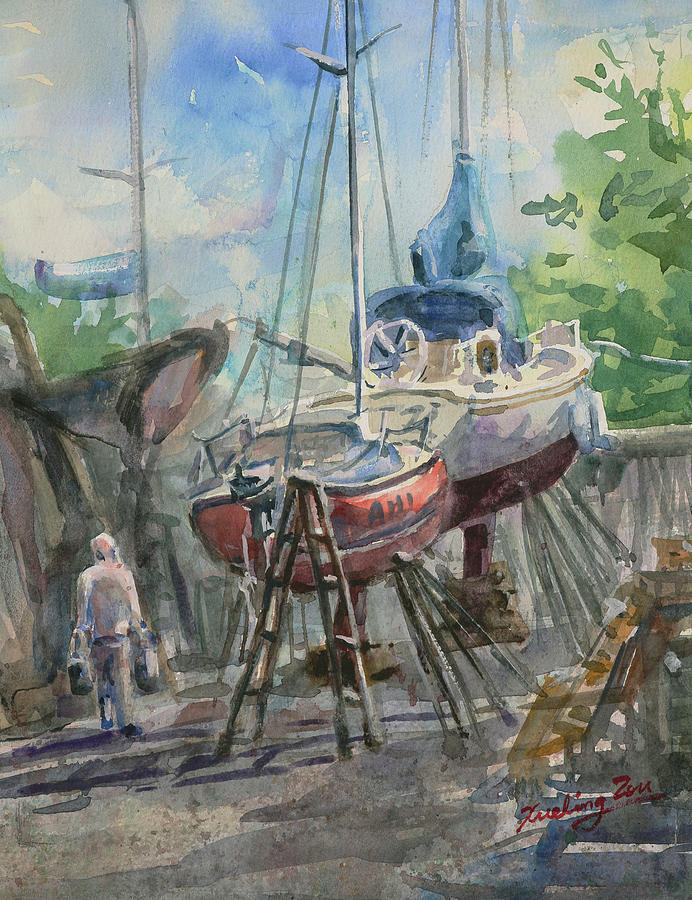 At the Boatyard Painting by Xueling Zou