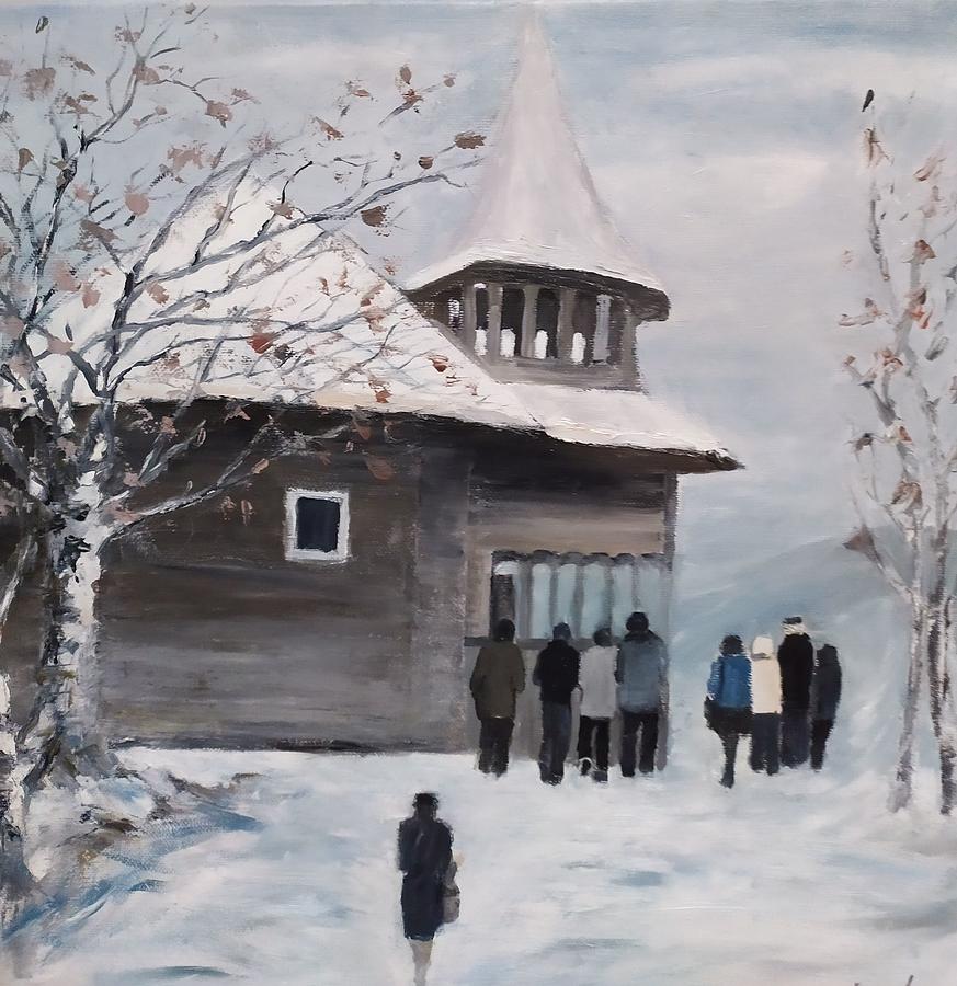 Winter Painting - At the church by Maria Karalyos