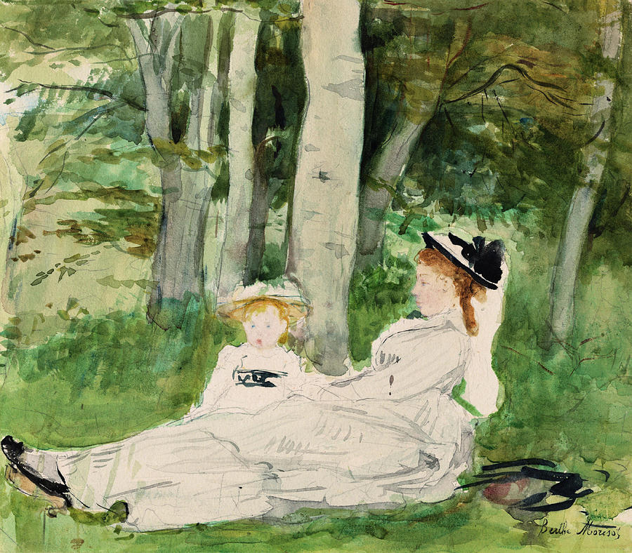 At the Edge of the Forest -Edma and Jeanne-. Dated c. 1872. Painting by Berthe Morisot