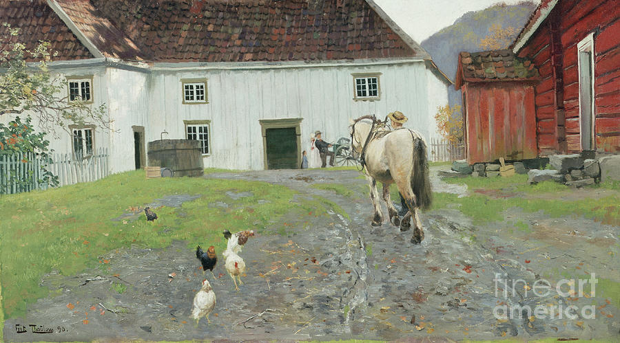 At the farm yard, 1890 Painting by O Vaering by Frits Thaulow