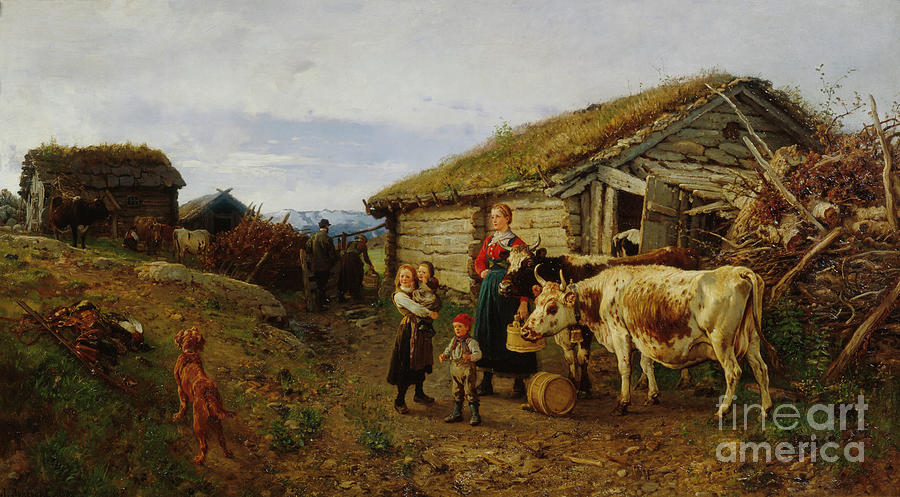 At the summer pasture, 1882 Painting by O Vaering by Anders Askevold