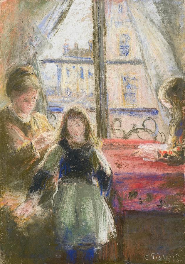 Camille Pissarro Drawing - At the Window rue des Trois Freres  by Camille Pissarro French