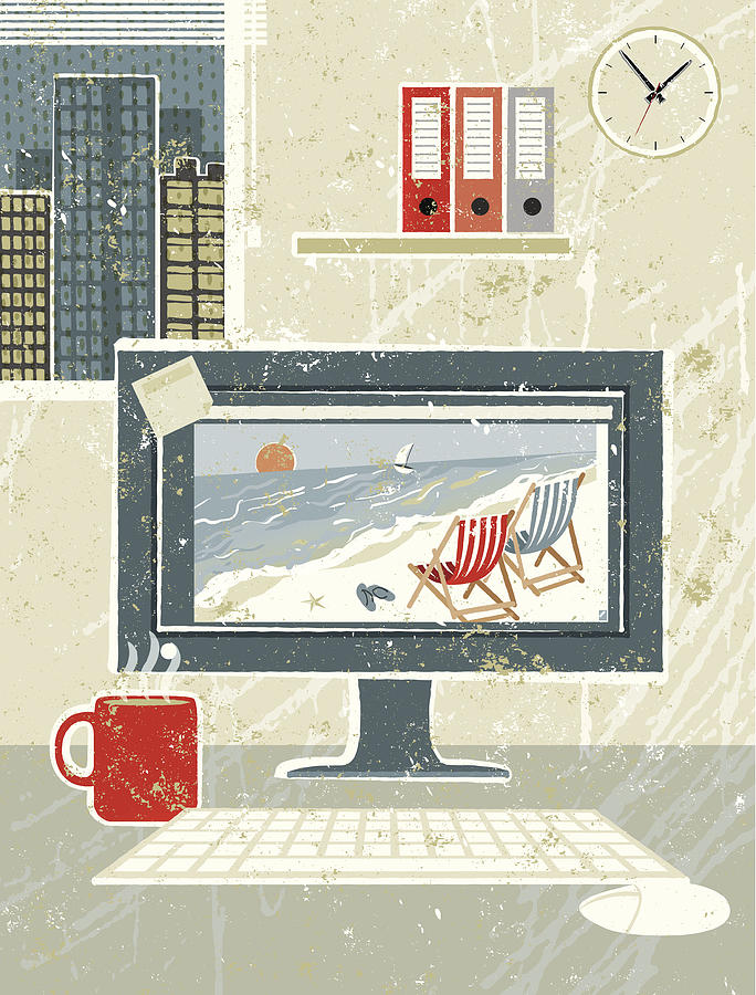 At Work, Computer in the Office Showing beach Scene Drawing by Mhj
