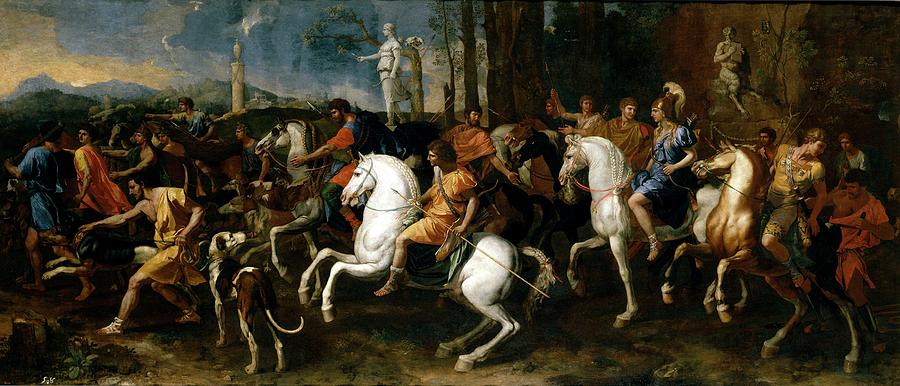 Atalanta and Meleagers Hunt, 1634-1639, French School, Oil on canvas, 160 cm... Painting by Nicolas Poussin -1594-1665- Atalanta and Meleagers Hunt, 1634-1639, French School, Oil on canvas, 160 cm... Painting by Nicolas Poussin -1594-1665-
