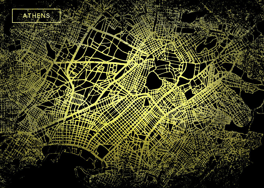 Athens Map in Gold and Black Digital Art by Sambel Pedes