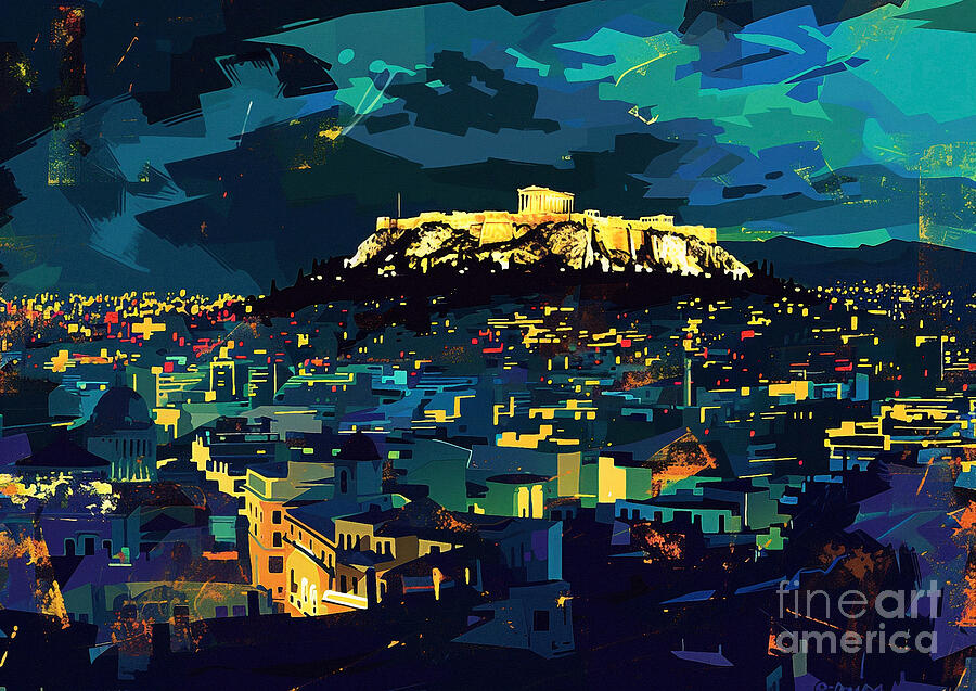Athens Mount Lycabettus With Its Panoramic Views Glowing Softly In The Darkness Painting