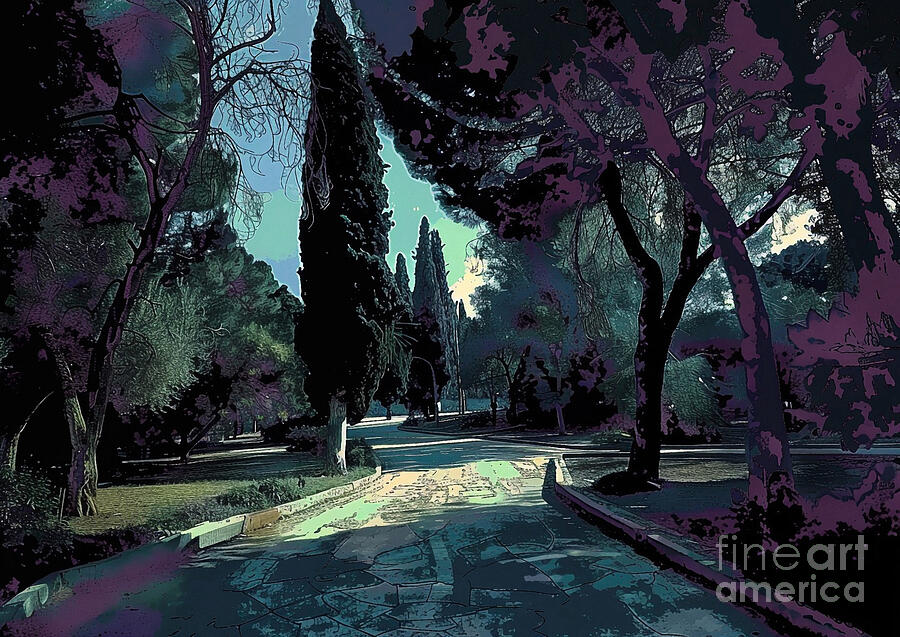 Athens National Garden With Its Winding Paths Silent And Haunting In The Darkness Night Light Painting