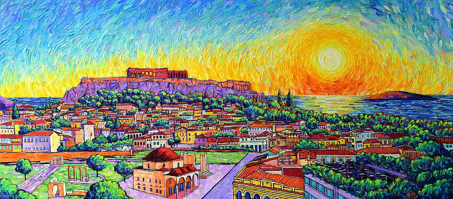 Greek Painting - ATHENS SUNSET MEMORIES palette knife oil painting Ana Maria Edulescu Greece art Plaka cityscape  by Ana Maria Edulescu