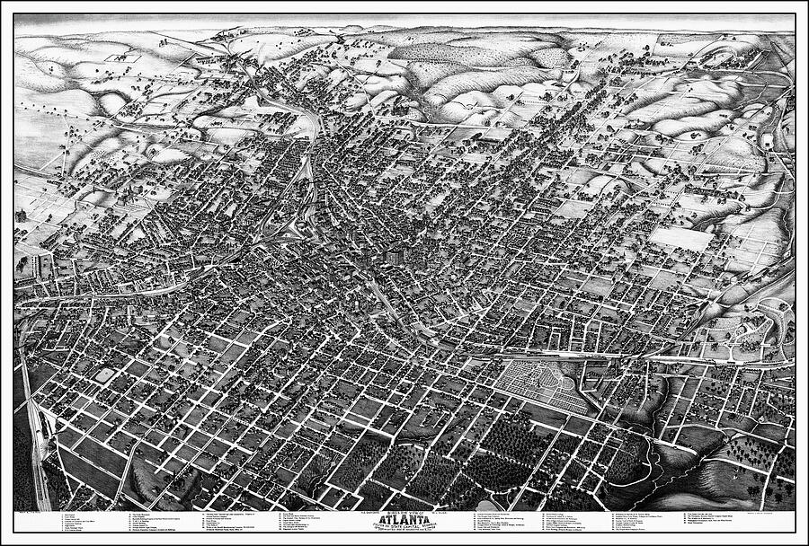 Atlanta Georgia Antique Vintage Map Birds Eye View 1892 Black And White 