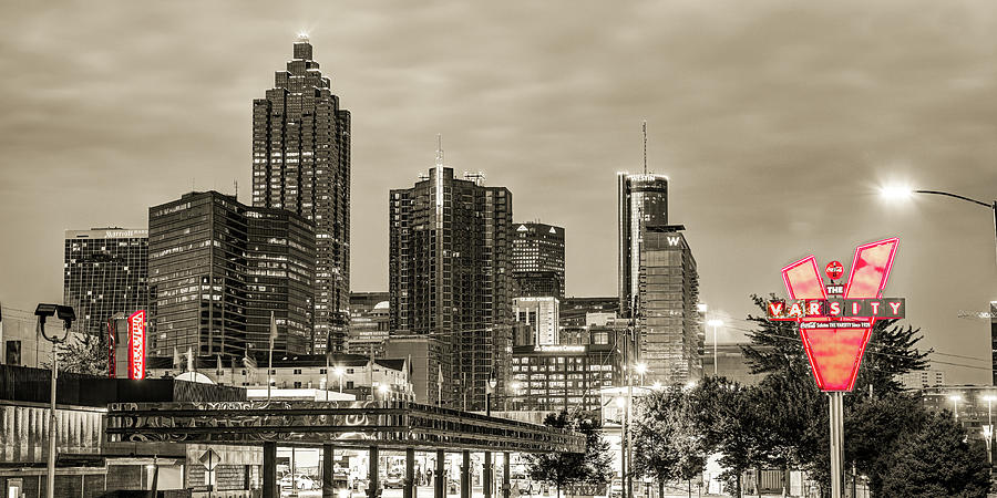 Atlanta Skyline Panorama and Varsity Neons - Sepia Selective Color Photograph by Gregory Ballos