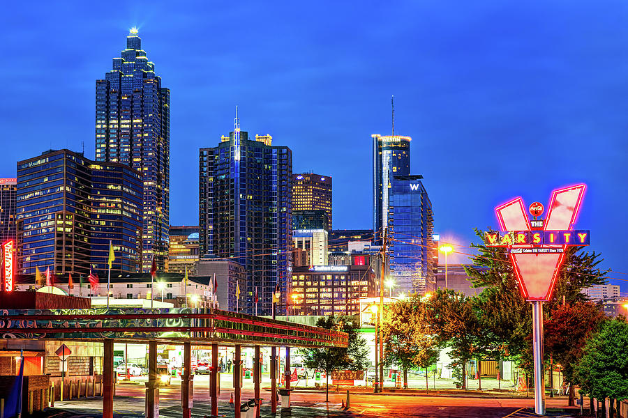 Atlanta Skyline Photograph - Atlanta Varsity and Skyline at Dusk by Gregory Ballos
