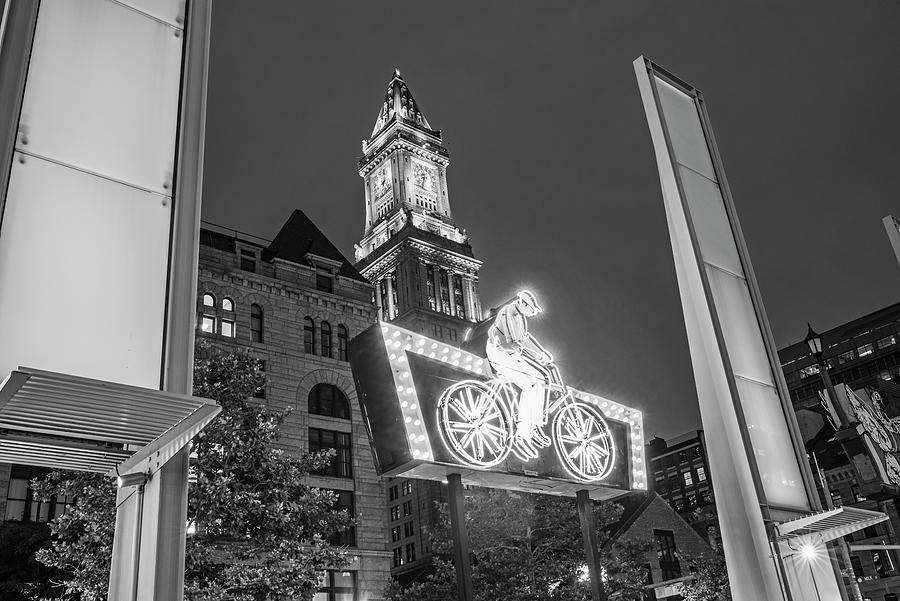 Atlantic Ave Neon Sign Custom House Boston MA Black and White Photograph by Toby McGuire