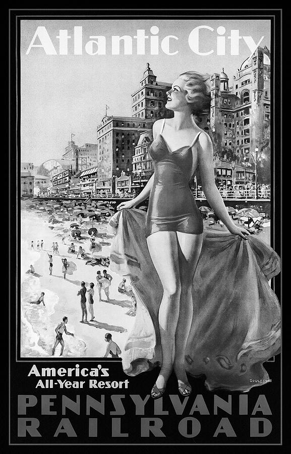 Atlantic City New Jersey Retro Vintage Travel Poster Black and White Photograph by Carol Japp