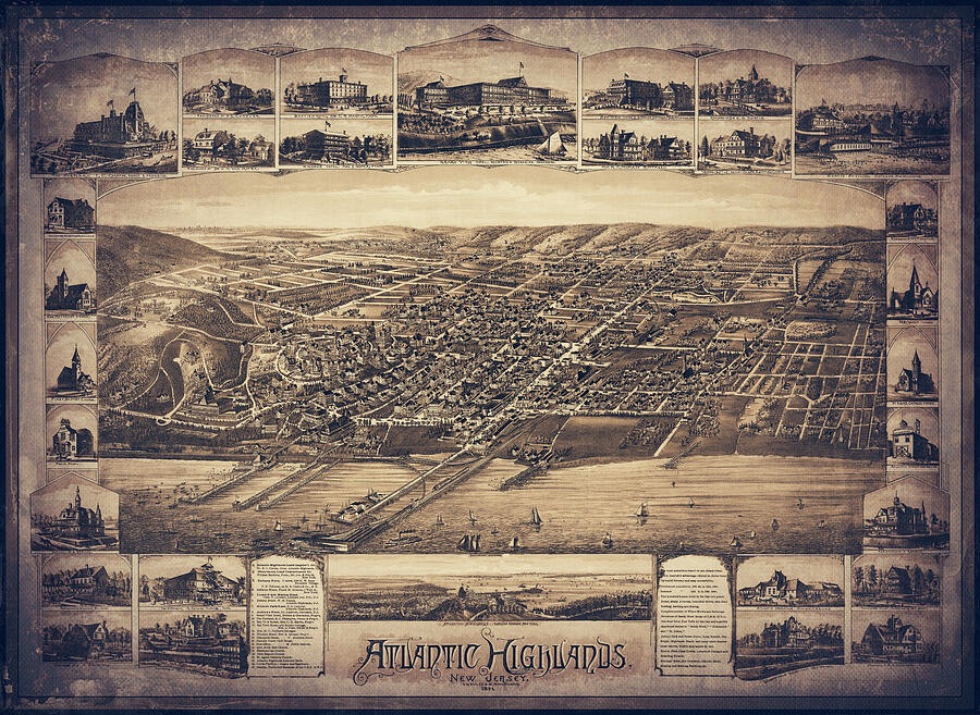 Atlantic Highlands New Jersey Vintage Map Aerial View 1894 Sepia ...