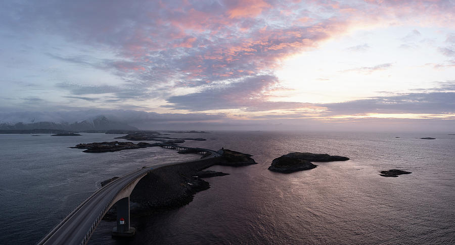 Atlantic Ocean road aerial sunset norway Photograph by Sonny Ryse